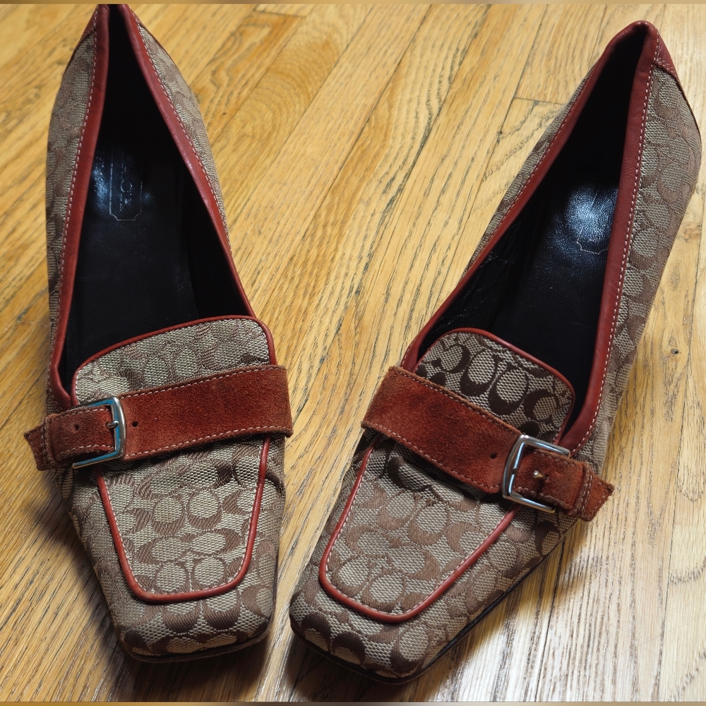 Coach "Lizzie" heels, size 8B, brown and tan, suede buckle, leather